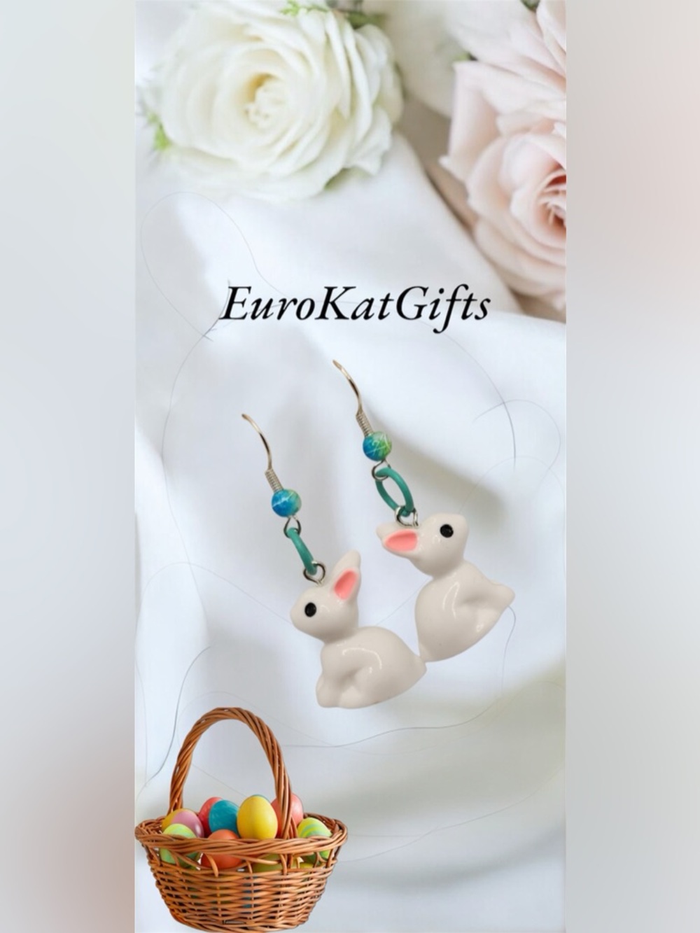 White Rabbit Dangle Earrings with Turquoise Bead Accents NWT